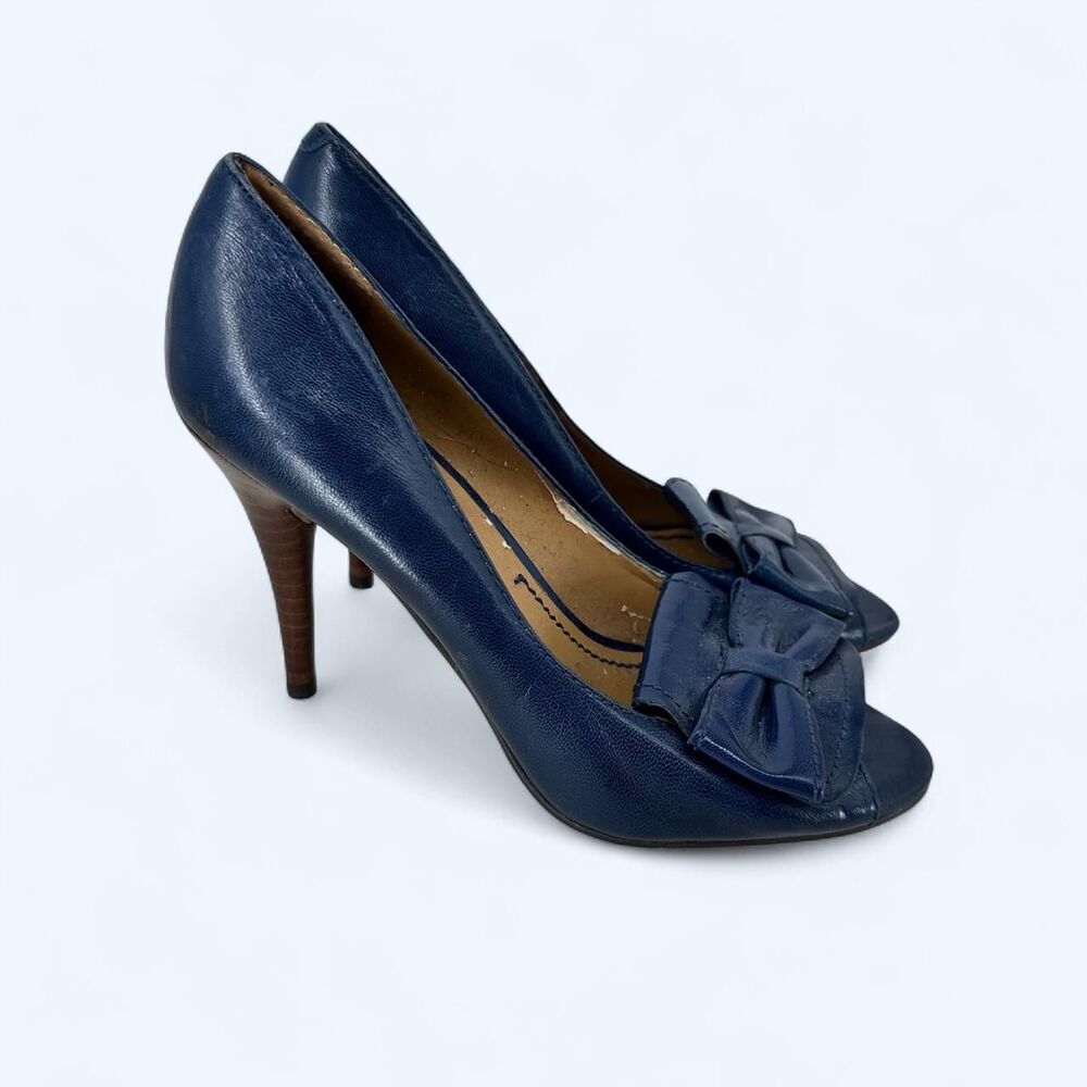 Retro Navy Blue Genuine Leather Peep Toe Bow Pump Wrapped Wood Stiletto Heel